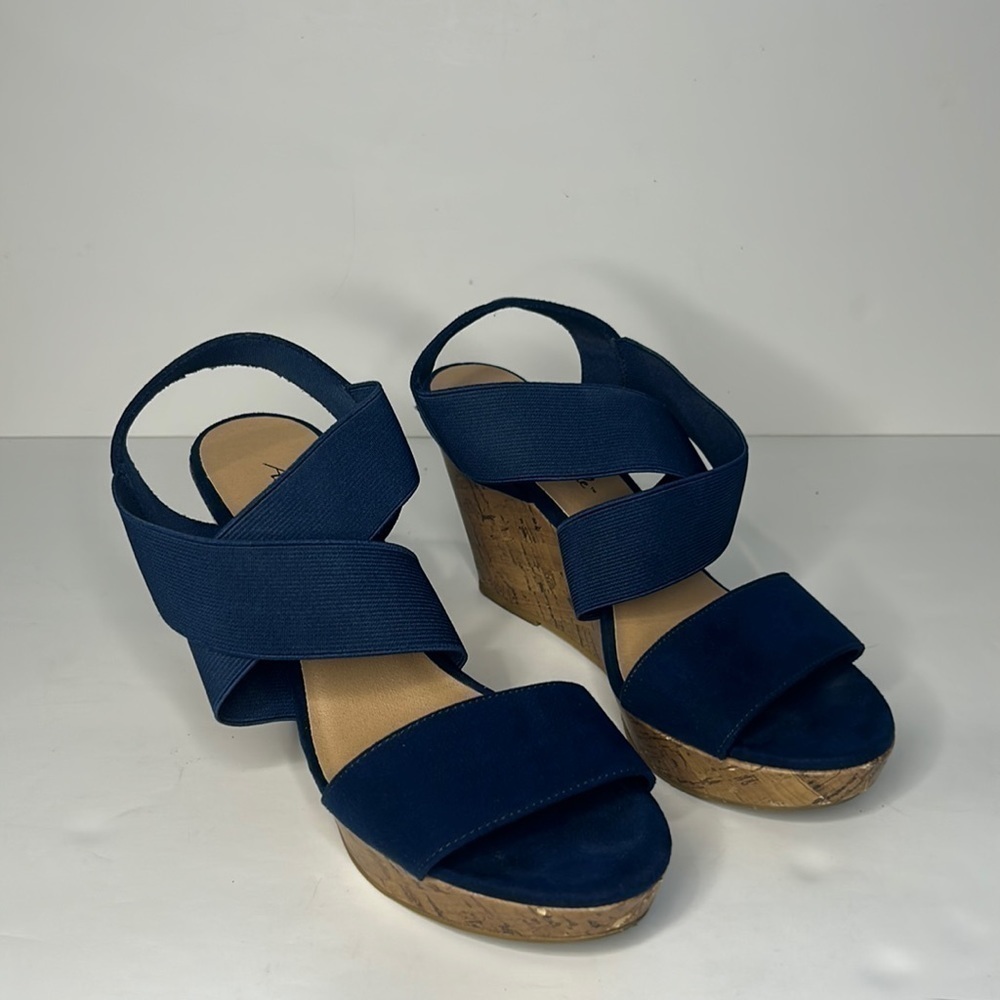 American Eagle Wedge Heels Elastic Wrap Blue Faux Velvet Women's US 6.5